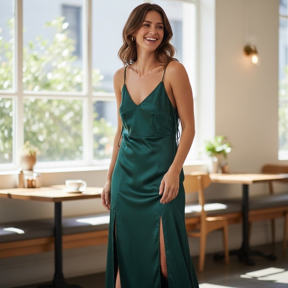 CAPULET Emerald Green Satin Slip Maxi Dress Spaghetti Straps Double Slit‎ Size S